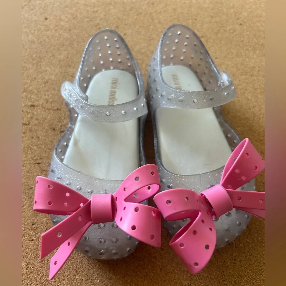 Mini Melissa Clear Silver Ultra Girl Sandals with Pink Bow – Toddler Size 9 - Picture 2 of 6